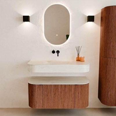 MONDIAZ THOR-DLUX 100cm meuble de salle de bains arrondi gauche + droite couleur Ruby avec 1 tiroir et 2 portes. Vasque suspendue CLOUD Milieu sans trou de robinet couleur Meli.