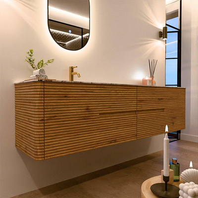Mondiaz CIRO-DLUX Ensemble de meubles de salle de bains - 190x45x50cm - Plan-vasque solid surface Glace - 1 vasque à gauche - 1 trou de robinet - 4 tiroirs - Chêne