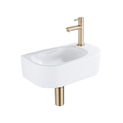 QeramiQ Fuente Ensemble lave-mains - 40x21,5x12cm - droite - lisse - semi-circulaire - 1 trou de robinet - céramique - robinet de lave-mains laiton brossé - bouchon de vidage - siphon abaissé - blanc brillant