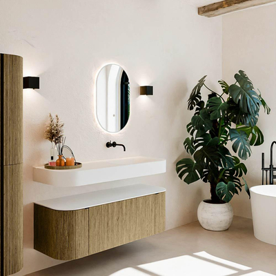 MONDIAZ THOR 130cm meuble de salle de bains arrondi gauche + droite couleur Dusk avec 1 tiroir et 2 portes. Vasque suspendue CLOUD droite sans trou de robinet couleur Talc.