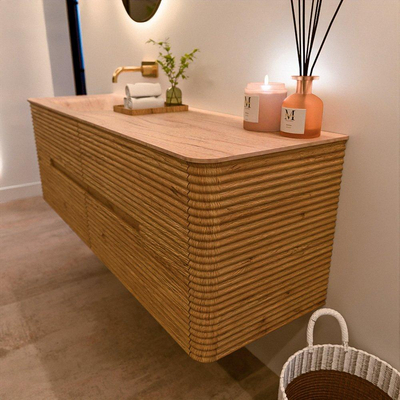 Mondiaz CIRO-DLUX Ensemble de meubles de salle de bains - 150x45x50cm - Plan-vasque en solid surface Saba - 1 vasque à gauche - sans trous de robinet - 4 tiroirs - Chêne