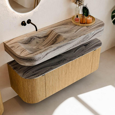 MONDIAZ THOR-DLUX 130cm badmeubel ronding links + rechts kleur Oak met 1 lade en 2 deuren. Vrijhangende wastafel CLOUD Links zonder kraangat kleur Sombra.