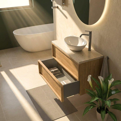 Saniclass Holz Frame Ensemble de meubles de salle de bains - 100x45x63cm - Plan de travail en pierre naturelle travertin - 1 trou de robinetterie - 2 tiroirs - chêne natural mat (bois)
