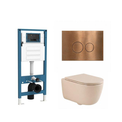 QeramiQ Dely Swirl Ensemble WC - réservoir encastré Qeramiq Flush - abattant fin - plaque de commande en métal cuivre - boutons ronds - beige