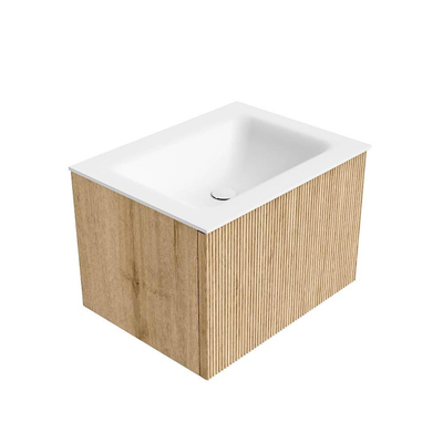MONDIAZ KURVE Meuble de salle de bains 60 cm couleur Oak avec 1 tiroir. Lavabo CLOUD central sans trou de robinet Talc.