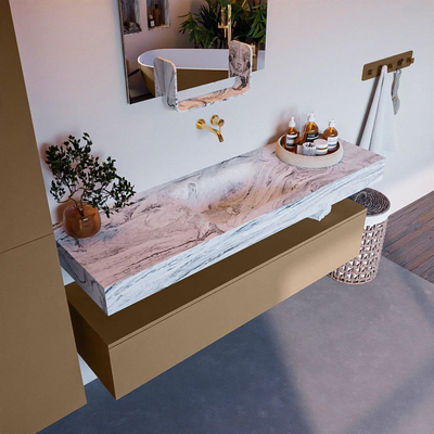 Mondiaz ALAN-DLUX Ensemble de meuble - 150cm - meuble Oro mat - 1 tiroir - Lavabo Cloud Glace suspendu - vasque Centre - 0 trous de robinet