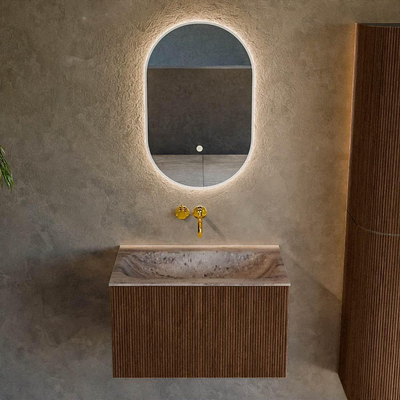 MONDIAZ KURVE-DLUX Meuble de salle de bains 70cm couleur Walnut avec 1 tiroir et 0 porte. Lavabo BIG SMALL Central sans trou de robinet Oza.