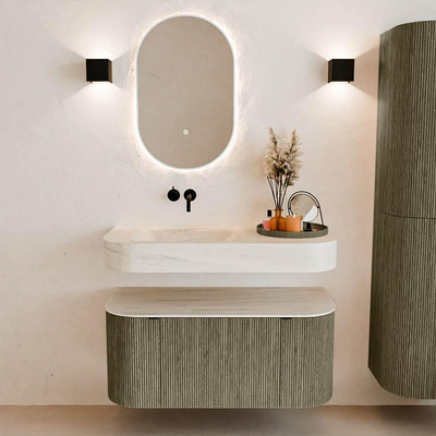 MONDIAZ THOR-DLUX 100cm meuble de salle de bains arrondi gauche + droite couleur Shadow avec 1 tiroir et 2 portes. Vasque suspendue CLOUD Gauche sans trou de robinet couleur Meli.