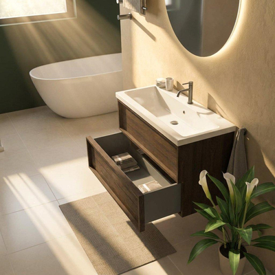 Saniclass Holz Frame Ensemble meuble de salle de bains - 100x45x63.5cm - Lavabo en céramique Bari blanc - 1 vasque - 1 trou de robinetterie - 2 tiroirs - chêne charcoal mat (bois)