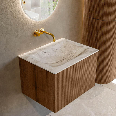 MONDIAZ KURVE-DLUX 60cm Meuble salle de bain - couleur Walnut - 1 tiroir - vasque CLOUD centre - sans trou de robinet - couleur Glace