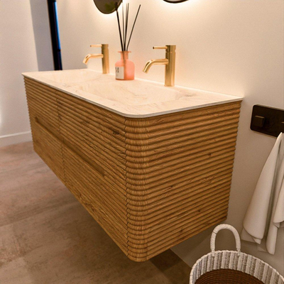 Mondiaz CIRO-DLUX Badkamermeubelset - 130x45x50cm - Solid surface wastafel Ostra - 2 wasbak Dubbel - 2 kraangaten - 4 lades - Oak