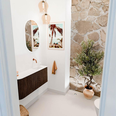 Mondiaz JOYA 91.6cm toiletmeubel - ronding links kleur Walnut - Wastafel FAYE positie Rechts Zonder kraangat kleur Talc.