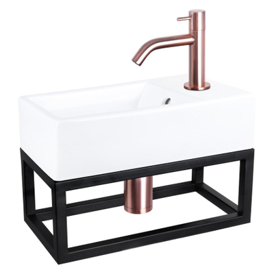 Differnz Force Set lave-mains 40x22x8cm 1 trou avec robinet courbé et siphon + bonde cuivre rose Rectangulaire Céramique Blanc