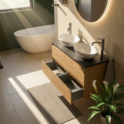Saniclass Holz Pure Ensemble de meuble de salle de bains - 120x45x63cm - Plan vasque en basalte Noche poli (noir) - 2 trous de robinet - 4 tiroirs - chêne natural mat (bois)