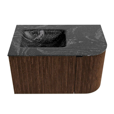 MONDIAZ KURVE-DLUX Meuble de salle de bains 75 cm avec module 25 R couleur Walnut avec 1 tiroir et 1 porte. Vasque GRUNNE gauche sans trou de robinet couleur Lava.