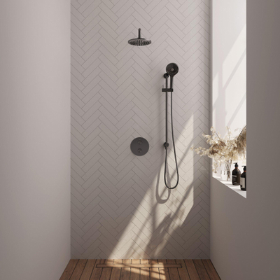 BRAUER Gunmetal Edition thermostatische Inbouw Regendouche - 3-weg - rond - set 93 - 20cm hoofddouche - gebogen muurarm - 3-standen handdouche - doucheslang - geïntegreerde glijstang - gunmetal geborsteld PVD