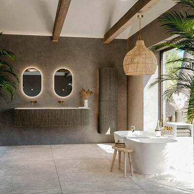 Ensemble de meuble de salle de bain Mondiaz KURVE-DLUX - 175x46x40cm - 2 tiroirs - 1 porte - lavabo en solid surface - double / gauche - sans trou de robinet - Shadow