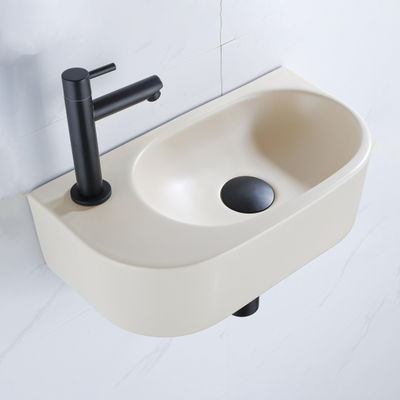 QeramiQ Fuente fonteinset – halfrond – 40x21.5x12 cm – keramiek beige – kraangat links – mat zwarte kraan