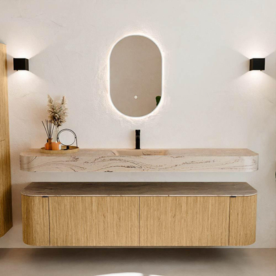 MONDIAZ THOR-DLUX 190cm meuble de salle de bains arrondi gauche + droite couleur Chêne avec 2 tiroirs et 2 portes. Vasque suspendue CLOUD Milieu 1 trou de robinet couleur Arena.