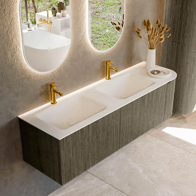 Mondiaz KURVE Badkamermeubelset - 155x46x40cm - 2 lade - 1 deur - wastafel solid surface - dubbel / links - 2 kraangaten - Shadow