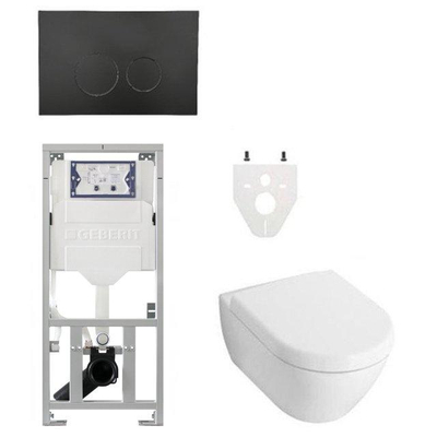 Ensemble de toilettes à chasse directe villeroy and boch avec réservoir de chasse geberit et plaque de commande avec boutons ronds abattant à fermeture progressive noir mat