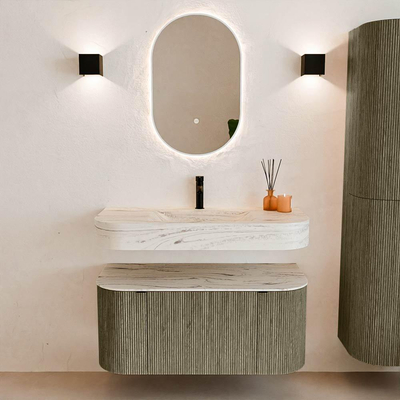 MONDIAZ THOR-DLUX Meuble de salle de bains - 100cm - arrondi gauche + droite - couleur Shadow - 1 tiroir - 2 portes - Vasque suspendue CLOUD Centre 1 trou de robinet couleur Nata