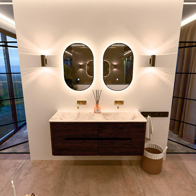 Mondiaz CIRO-DLUX Badkamermeubelset - 130x45x50cm - Solid surface wastafel Frappe - 2 wasbak Dubbel - zonder kraangaten - 4 lades - Walnut