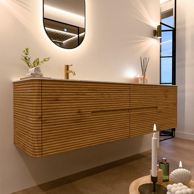 Mondiaz CIRO-DLUX Badkamermeubelset - 180x45x50cm - Solid surface wastafel Opalo - 1 wasbak Links - 1 kraangat - 4 lades - Oak
