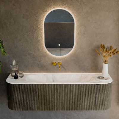 Mondiaz KURVE-DLUX Ensemble de meuble de salle de bains - 150x46x40cm - 1 tiroir - 2 portes - lavabo solid surface - au milieu - sans trou de robinet - Shadow