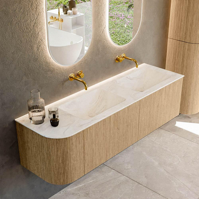 MONDIAZ KURVE-DLUX 155cm Meuble salle de bain avec module 25 G - couleur Oak - 2 tiroirs - 1 porte - vasque LEAF double / droite - sans trou de robinet - couleur Ostra