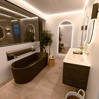 Mondiaz CIRO-DLUX Meuble de salle de bains ensemble - 150x45x50cm - Plan vasque solid surface Ostra - 2 vasques double - sans trous de robinet - 4 tiroirs - Shadow