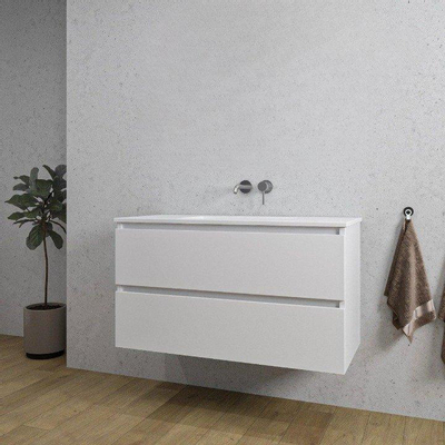 Saniclass Chaci Meuble de salle de bain - 100x45x55cm - lavabo en céramique brillant blanc - 1 vasque - sans trou de robinet - 2 tiroirs - blanc mat