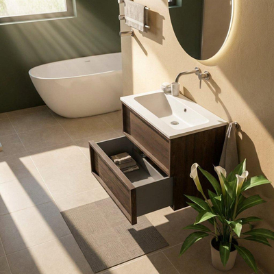 Saniclass Holz Frame Ensemble meuble de salle de bains - 80x45x77.5cm - lavabo Torino en solid surface blanc - sans trou de robinetterie - 2 tiroirs - chêne charcoal mat (bois)