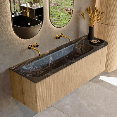 MONDIAZ KURVE-DLUX 145cm Meuble salle de bain avec module 25 D - couleur Oak - 1 tiroir - 1 porte - vasque BIG LARGE gauche - sans trou de robinet - couleur Lava