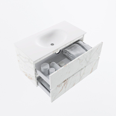 Mondiaz VICA ensemble de meuble de salle de bain - 90cm - meuble sous-vasque carrara - 2 tiroirs - lavabo moon milieu - sans trous de robinet - version haute de 60cm - talc