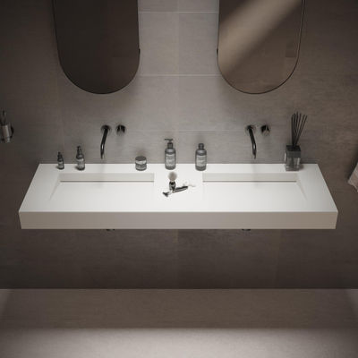 Ideavit Solidsquare Wastafel 150x46x10cm rechthoek 0 kraangaten 2 wasbakken Solid surface wit