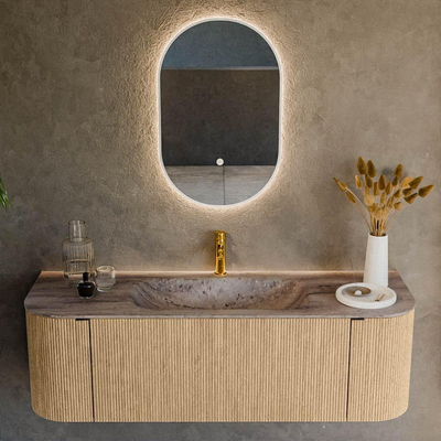MONDIAZ KURVE-DLUX 140cm badmeubel ronding Links + Rechts kleur Oak met 1 lade en 2 deuren. Wastafel BIG SMALL Midden 1 kraangat Oza.