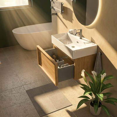 Saniclass Holz Frame Ensemble de meubles de salle de bains - 80x45x52cm - Legend lavabo en céramique blanc - 1 vasque - 1 trou de robinetterie - 1 tiroir - chêne natural mat (bois)