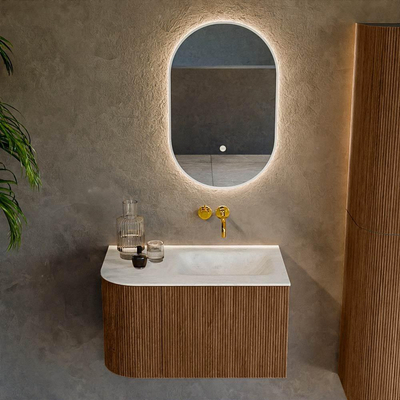 MONDIAZ KURVE-DLUX 75cm Meuble salle de bain avec module 25 G - couleur Walnut - 1 tiroir - 1 porte - vasque GRUNNE droite - sans trou de robinet - couleur Opalo