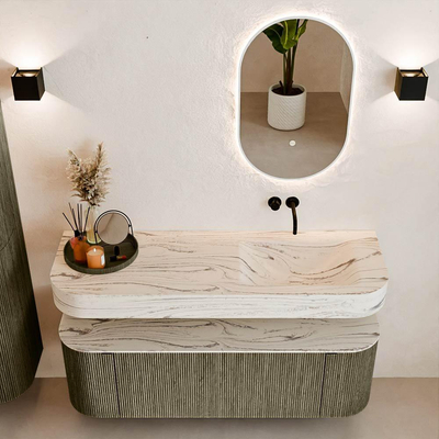 MONDIAZ THOR-DLUX 140cm meuble de salle de bains arrondi gauche + droite couleur Shadow avec 1 tiroir et 2 portes. Vasque suspendue CLOUD droite sans trou de robinet couleur Nata.