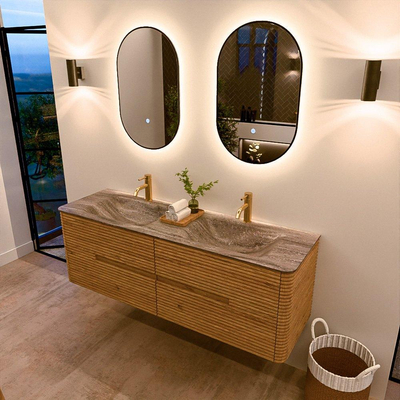Mondiaz CIRO-DLUX Ensemble de meuble de salle de bains - 150x45x50cm - Plan vasque solid surface Oza - 2 lavabos double - 2 trous de robinet - 4 tiroirs - Chêne