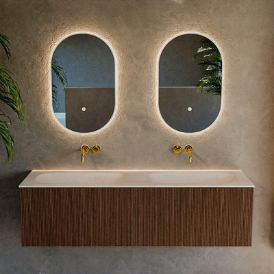 MONDIAZ KURVE-DLUX 150cm badmeubel kleur Walnut met 2 lades en 0 deuren. Wastafel STOR SMALL Dubbel zonder kraangat Meli.