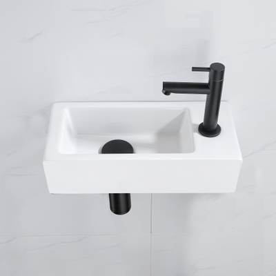 QeramiQ Fuente Kit lave-mains - 37.5x18.5x9cm - céramique - trou de robinet à droite - robinet lave-mains noir mat - bonde de vidage - siphon abaissé - Blanc mat