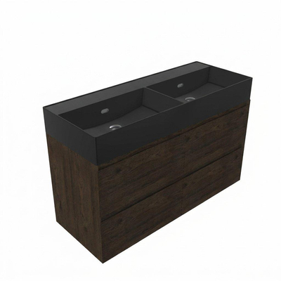 Saniclass Holz Pure Badkamermeubelset - 120x45x72cm - Legend keramische wastafel mat zwart - 2 wasbakken - zonder kraangaten - 4 lades - mat eiken charcoal (hout)