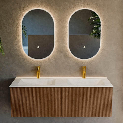 MONDIAZ KURVE-DLUX 130cm Meuble salle de bain - couleur Walnut - 2 tiroirs - vasque LEAF double - 2 trous de robinet - couleur Opalo