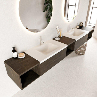 MONDIAZ BUKLA 280cm badmeubel met open module 40 L+M+R kleur Dark Brown met 2 lades. Wastafel CLOUD dubbel 2 kraangaten kleur Talc.