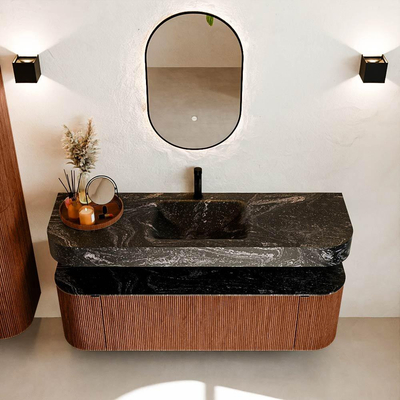 MONDIAZ THOR-DLUX 150cm meuble de salle de bains arrondi gauche + droite couleur Ruby avec 1 tiroir et 2 portes. Vasque suspendue CLOUD Milieu 1 trou de robinet couleur Lava.