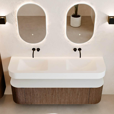 MONDIAZ THOR 160cm badmeubel ronding links + rechts kleur Walnut met 1 lade en 2 deuren. Vrijhangende wastafel CLOUD Dubbel zonder kraangat kleur Talc.