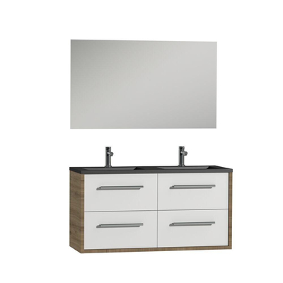 Tiger Boston Ensemble meuble de salle de bains 120cm Chêne chalet / Blanc brillant avec miroir. Vasque en polybéton noir mat et poignées chromées