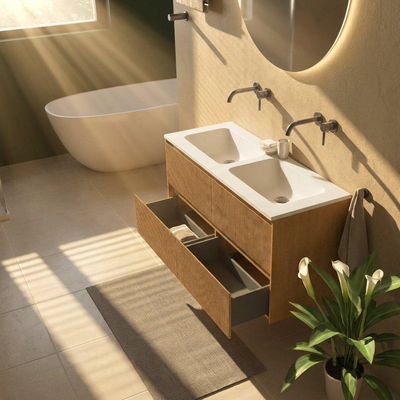 Saniclass Holz Atelier Ensemble meuble de salle de bains - 120x45x77.5cm - Lavabo Torino en solid surface blanc - sans trou de robinet - 2 tiroirs - chêne natural mat (bois)